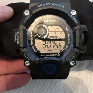 Black Sport Digital Watch with Blue Accent